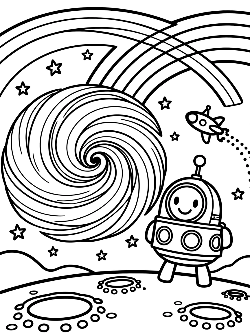 [Outer Space] A dynamic scene shows a colorful nebula swirling in the distance drifting silently through the void beside a distant space station, smiling proudly. Close by, a small spaceship flies past in the distance. Craters and rings add fun texture. The moment unfolds on a crisp autumn afternoon, with a rainbow arching overhead, filled with energetic detail perfect for a young colorist.