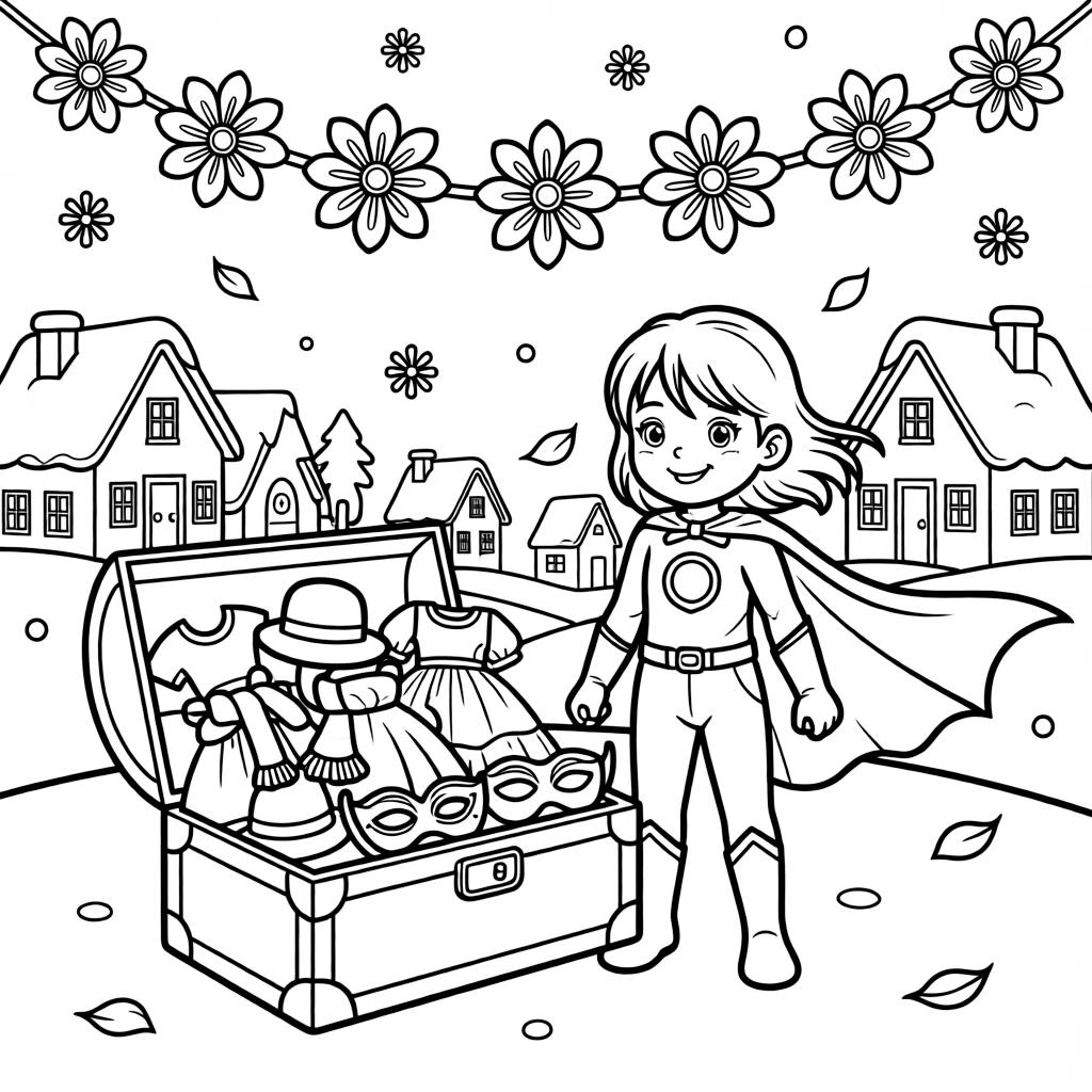 A girl superhero with a flowing cape is trying on a trunk full of dress-up costumes in a snow-covered winter village. Close by, a garland of paper flowers strung overhead and scattered flower petals drifting in the breeze make the scene feel magical.