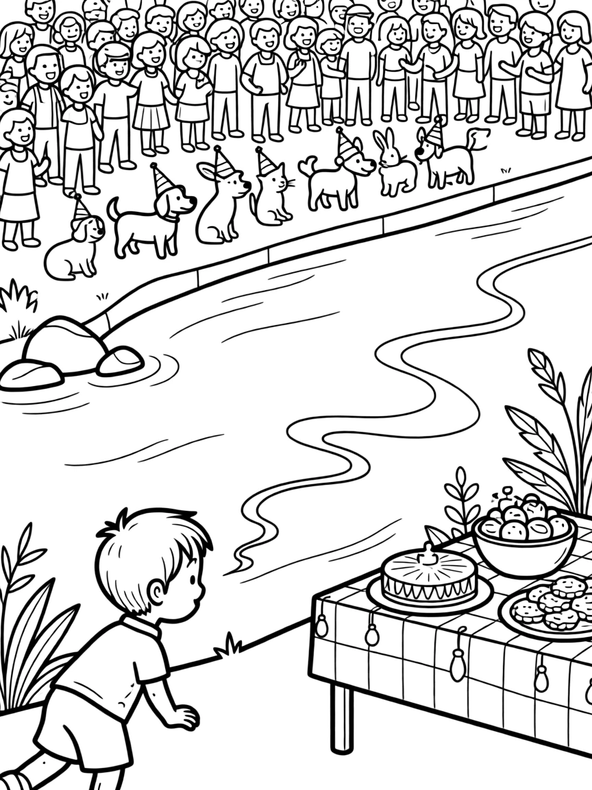 A wide view on a riverbank crowded with people watching a celebration, featuring a row of pets wearing tiny party hats, a curious little boy, and incense curling into the air, with a table set with special holiday dishes nearby.
