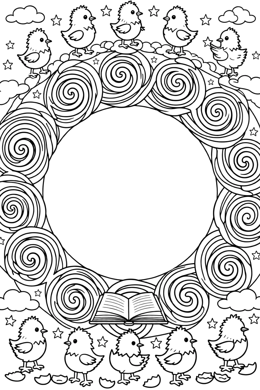 Farm Animals: The page centers on a repeating motif of a chick just hatched from a cracked egg, built around a shell-spiral mandala coiling outward in smooth turns. The motif is shown marching in a repeating row all the way around the border of the page, framing an open medallion left blank in the center. Decorative details fill the surrounding space, including interlocking circle chains, clusters of small five-point stars, and rounded puffy cloud shapes woven throughout the background. A playful extra touch completes the page: a tiny open book resting at the base of the design.