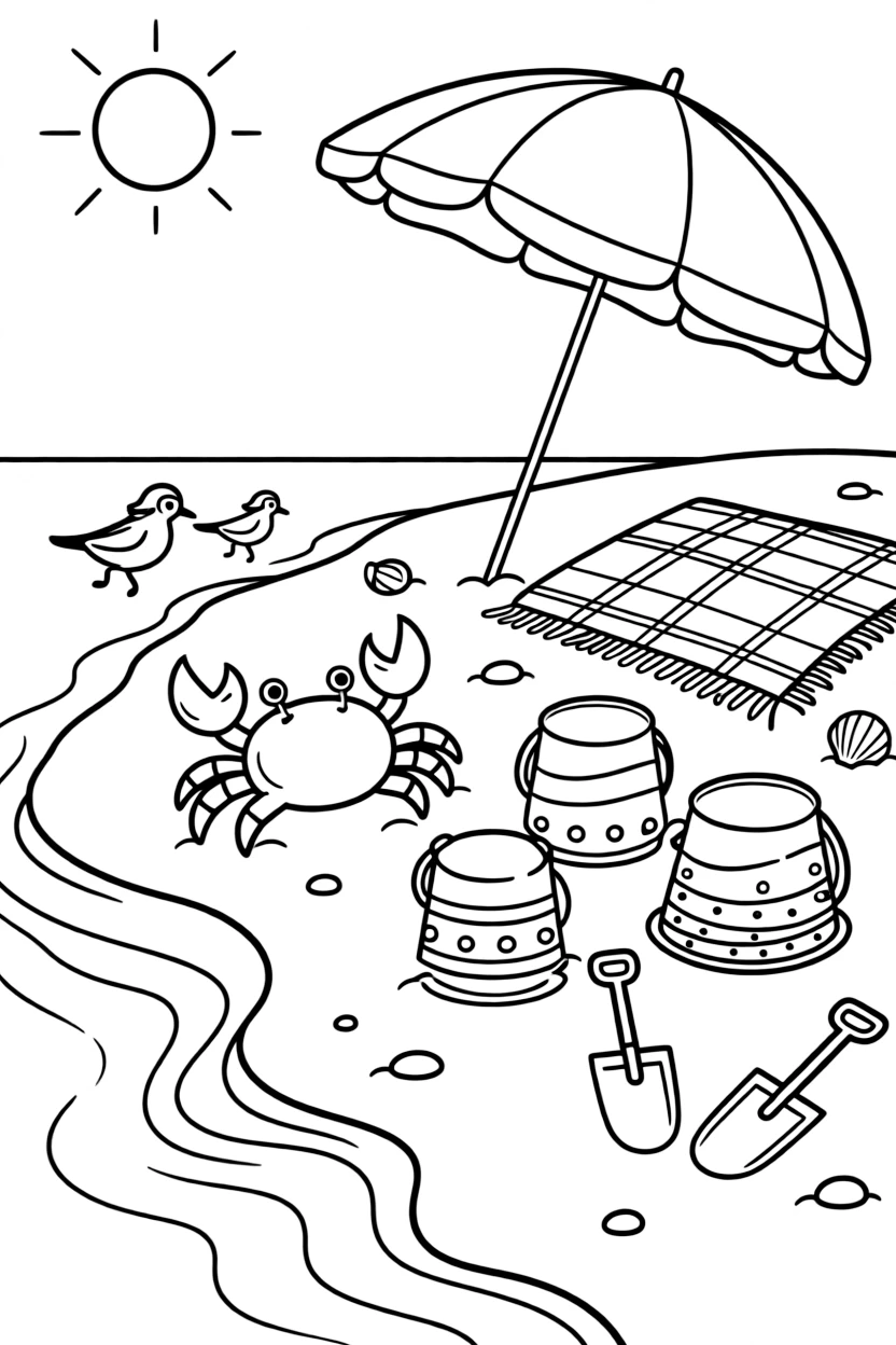 [Sandy Beaches] A friendly crab scuttles sideways across the sand, dodging a row of colorful beach buckets. Sandpipers dash along the shoreline, chasing the retreating waves. A striped beach umbrella and a woven picnic blanket sit near a row of overturned buckets and shovels. A warm breeze carries the scent of salt water beneath a bright midday sun.