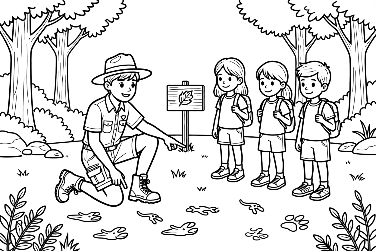 A park ranger points out animal tracks to a group of hiking kids.