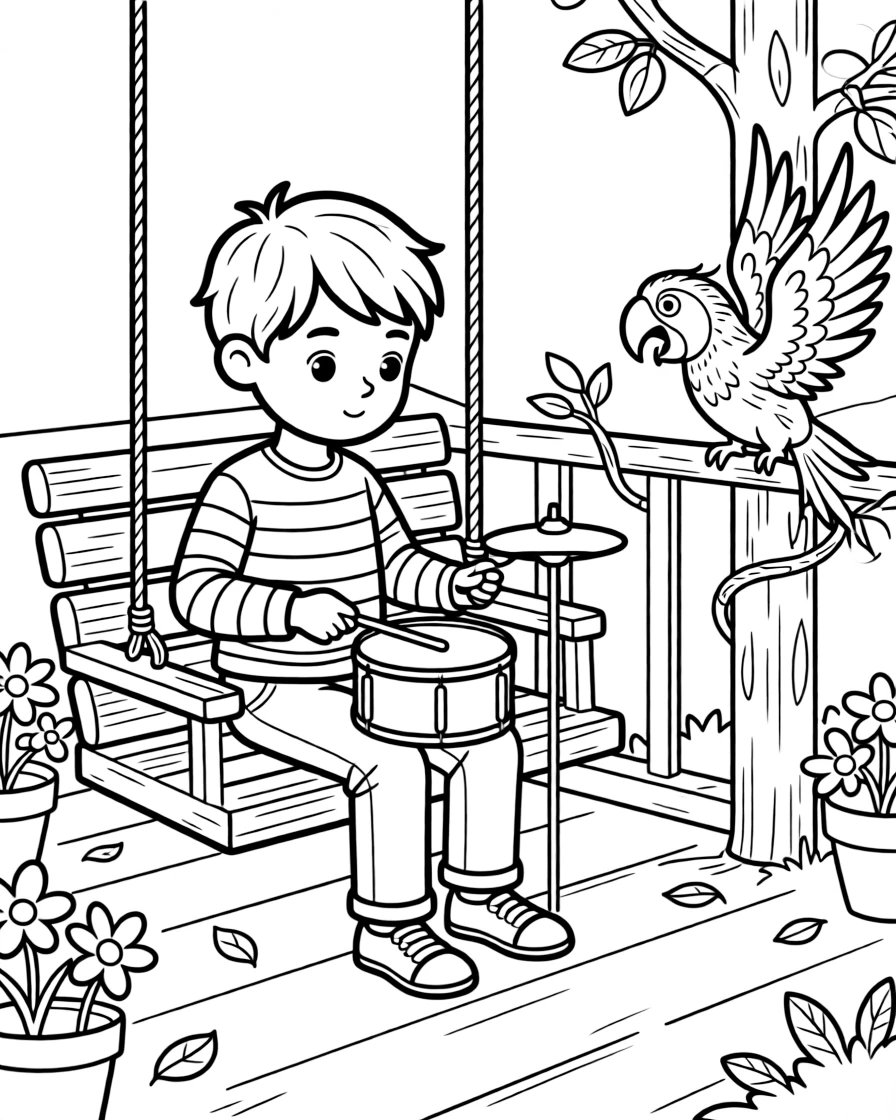 A boy in a striped shirt playing the drums alone on a porch swing, deeply focused, while a parrot squawks from a perch.