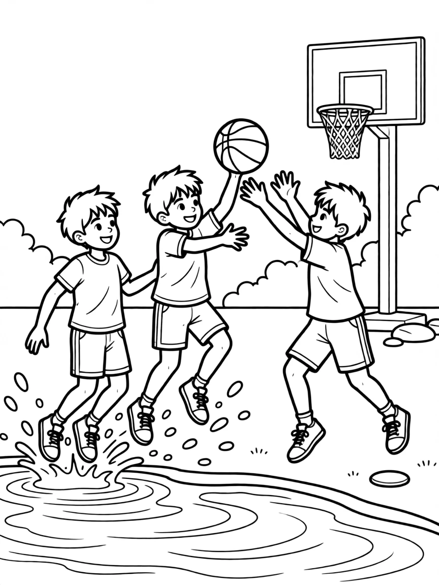 A team of neighborhood kids, leaping partly out of the water to shoot over a defender's reach.