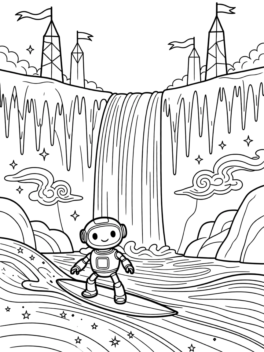 Bolt-9, a curious little rescue robot surfing on a wave of stardust through a nebula in a frozen waterfall planet with rainbow-colored ice, as a waterfall of sparkling light cascading down a cliff and banners and flags fluttering from tall towers fill the scene.