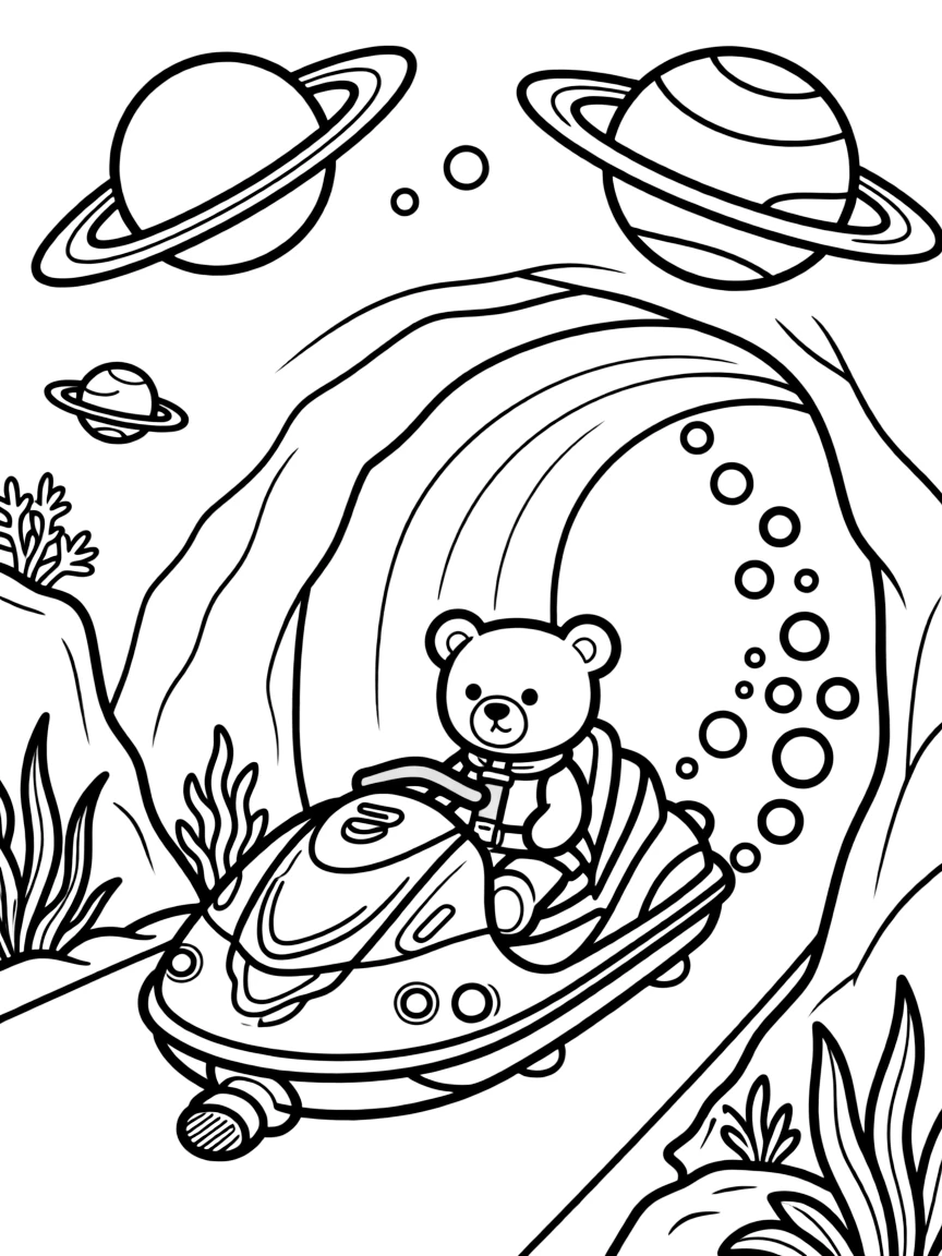 This coloring page shows an underwater hover-scooter trailing a stream of bubbles making its way across a tunnel cutting through a rocky mountainside, accompanied by a teddy bear buckled safely into the passenger seat, while planets with colorful rings floating nearby adds extra charm to the scene.