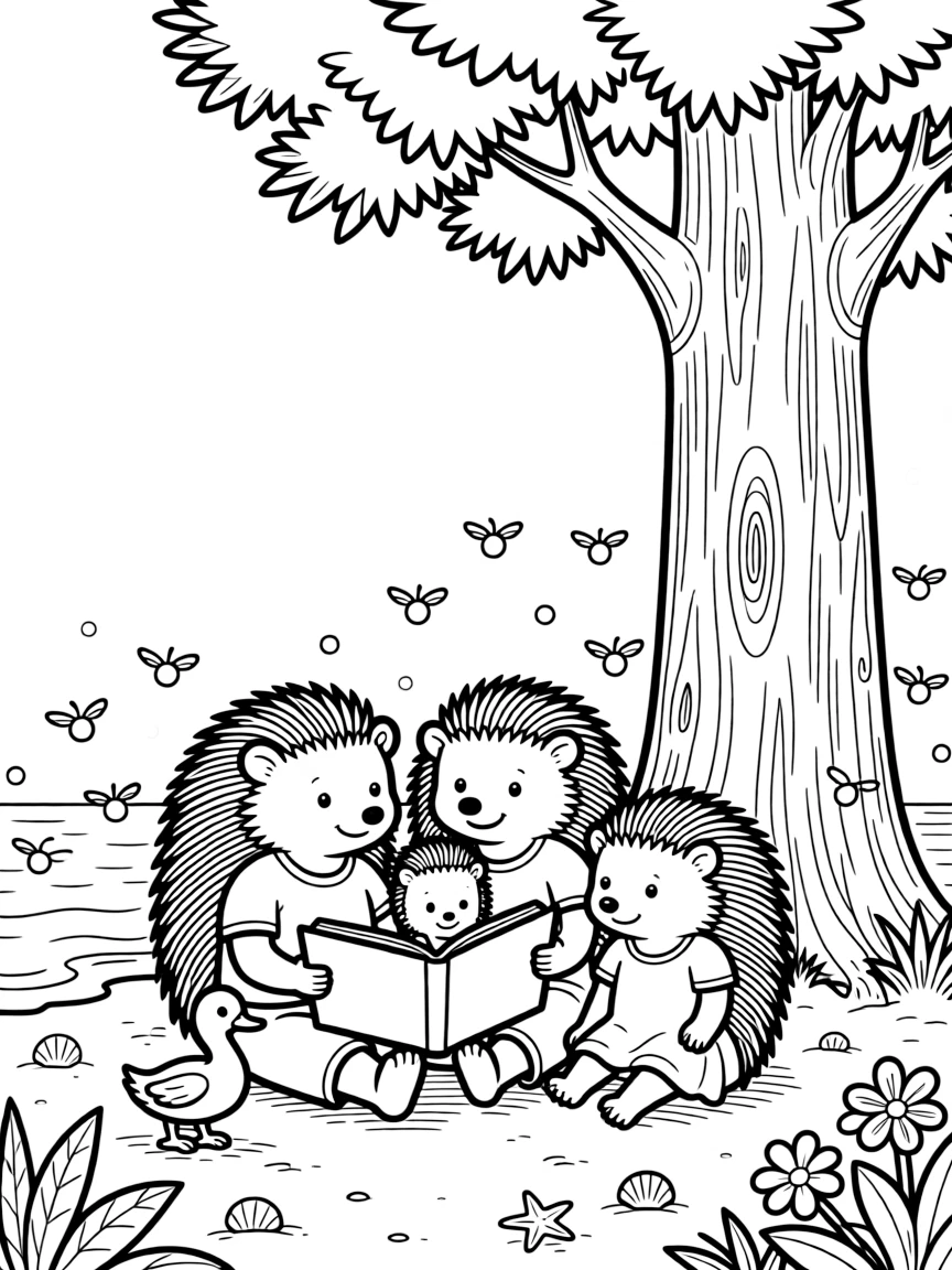 A family of hedgehogs on a tropical beach at sunset, reading a storybook under a tree with a duckling, next to a giant redwood tree, with fireflies twinkling nearby.