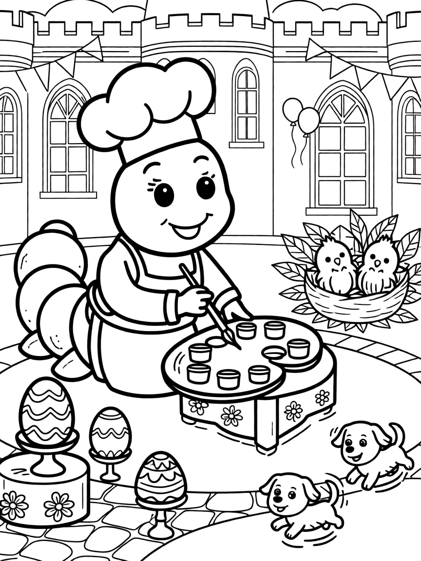 A playful caterpillar chef is painting eggs in every color of the rainbow at a royal castle courtyard decorated for a festival, joined by a nest of sleepy baby birds and three bouncing puppies chasing their tails. It feels like the best day ever for everyone involved.