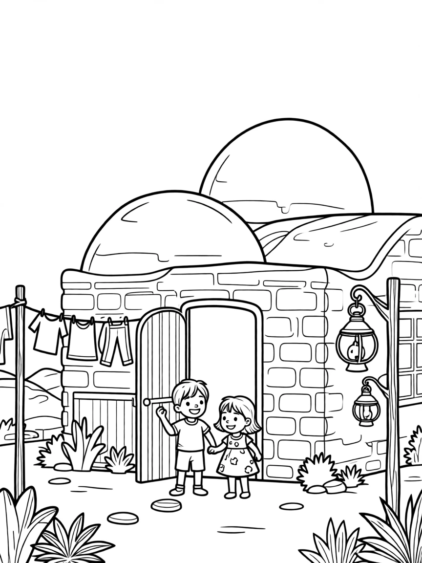 A coloring page featuring a sandstone building with rounded domes in an old desert town in Israel, with children playing just outside the door and laundry or lanterns strung nearby.
