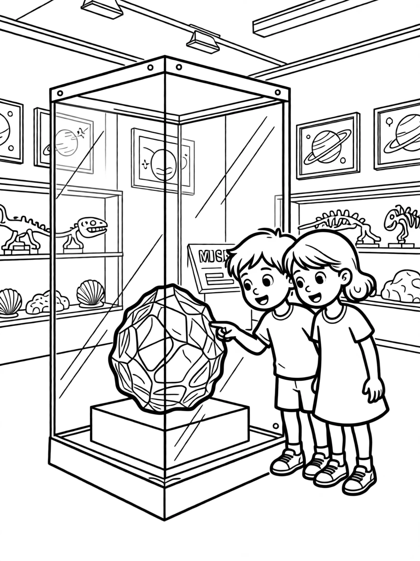 a mischievous pair of best friends examines a real meteorite behind glass at a natural history museum.