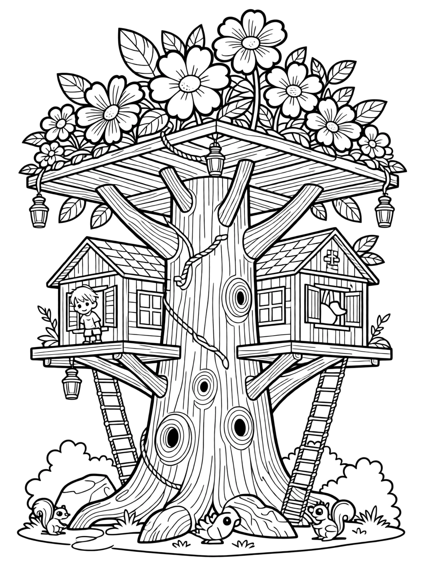A giant's treehouse spans an entire ancient redwood, complete with rope elevators and a rooftop garden of enormous flowers.