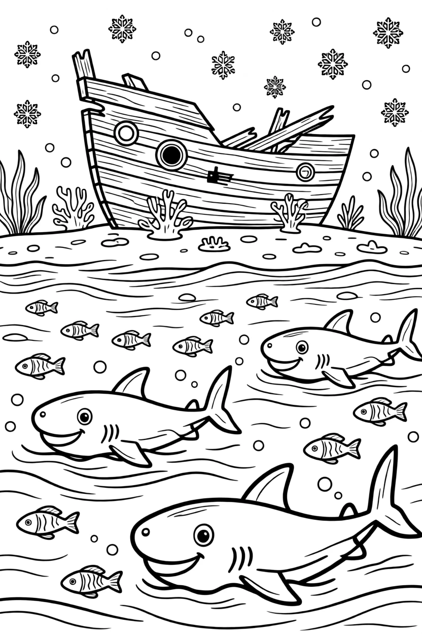 [Sharks] a school of small sharks cruising through open ocean water around a sunken shipwreck, smiling proudly, while small fish scatter as it passes fills the surrounding area. Its fin cuts smoothly through the water. Set on a crisp autumn afternoon, with snow gently falling, the page bursts with adventure and imagination.
