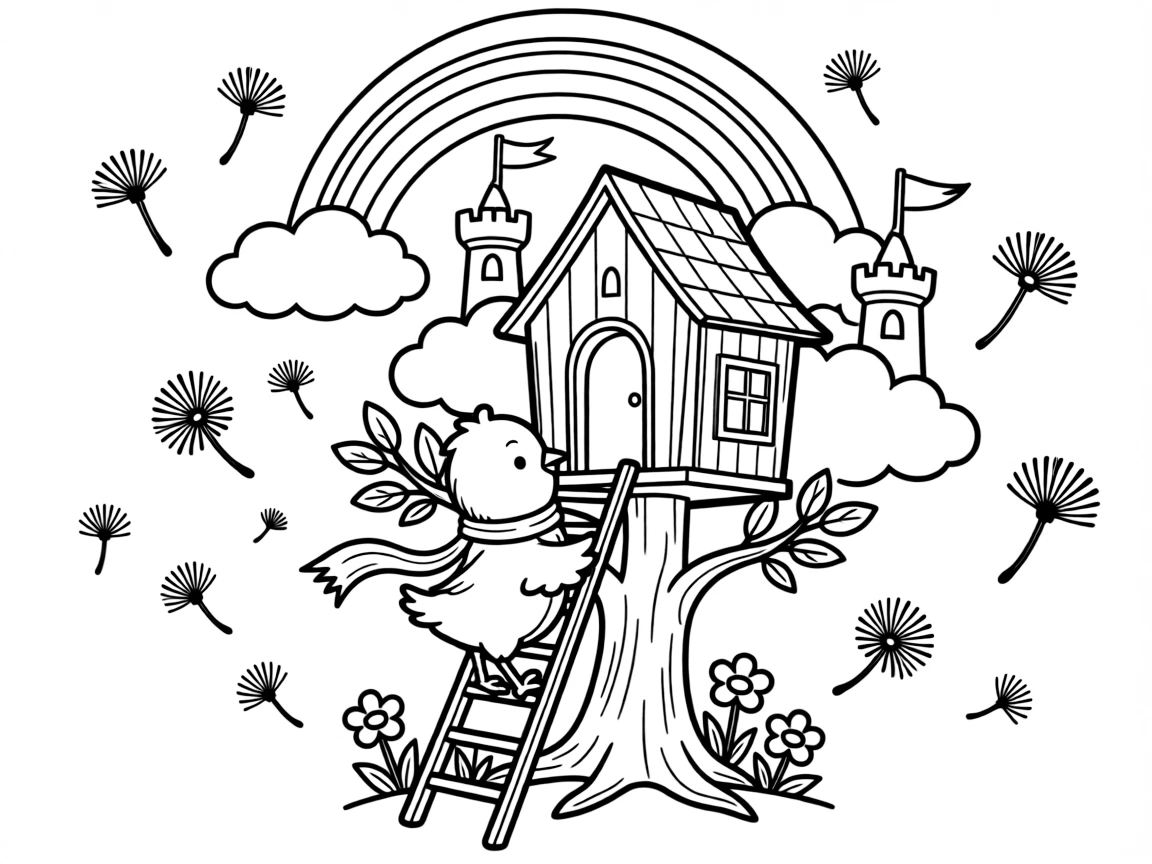 A fluffy yellow chick is climbing up to a treehouse hideaway inside a cloud kingdom with fluffy castle towers. Scattered nearby, floating dandelion seeds catching the light and a soft rainbow arching overhead add a playful, cheerful touch.