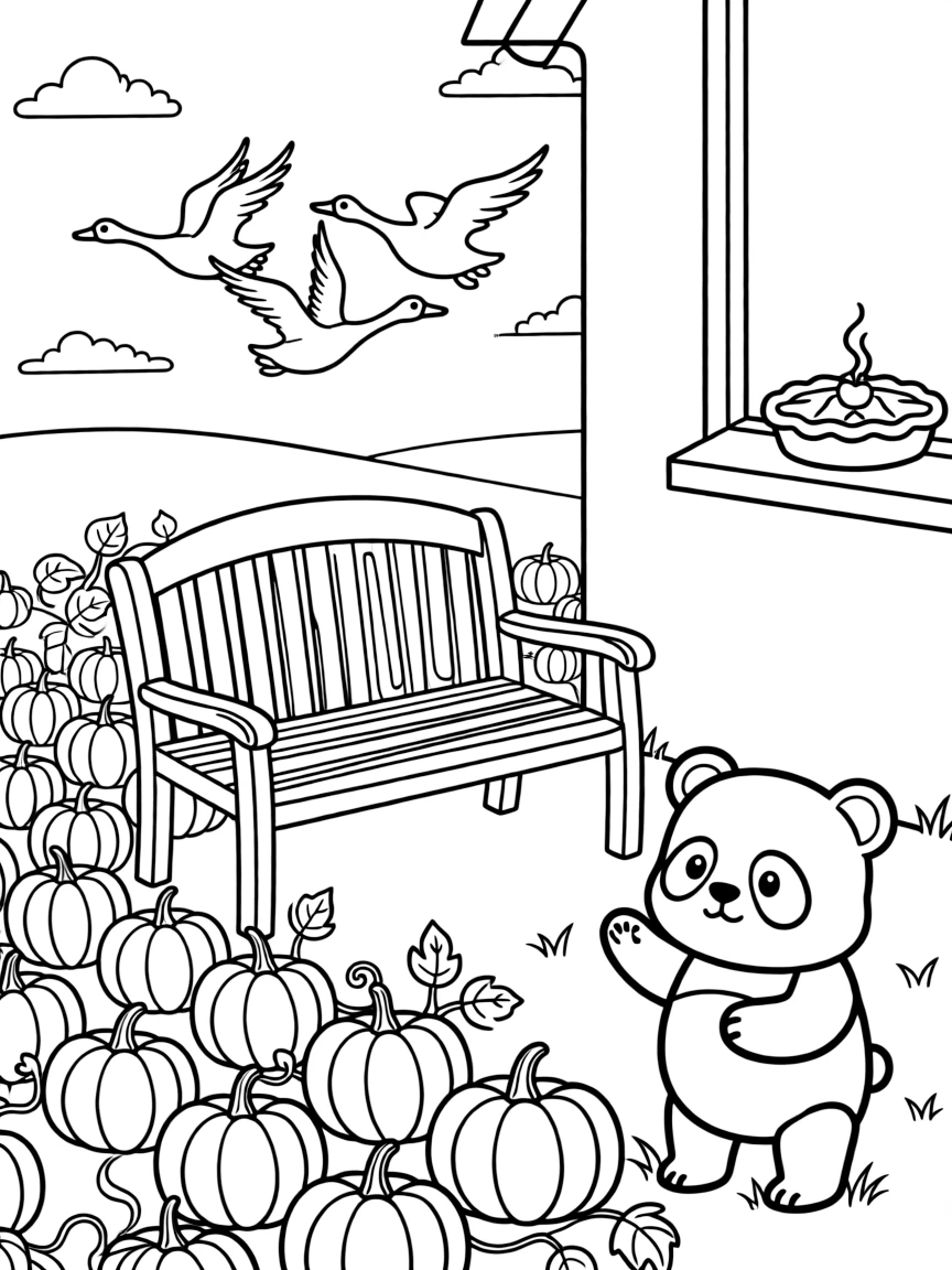 A garden bench beneath a calm evening sky on a farm surrounded by rows of golden pumpkins, with a chubby panda cub playing close by amid a flock of geese flying south and a warm apple pie cooling on a windowsill.