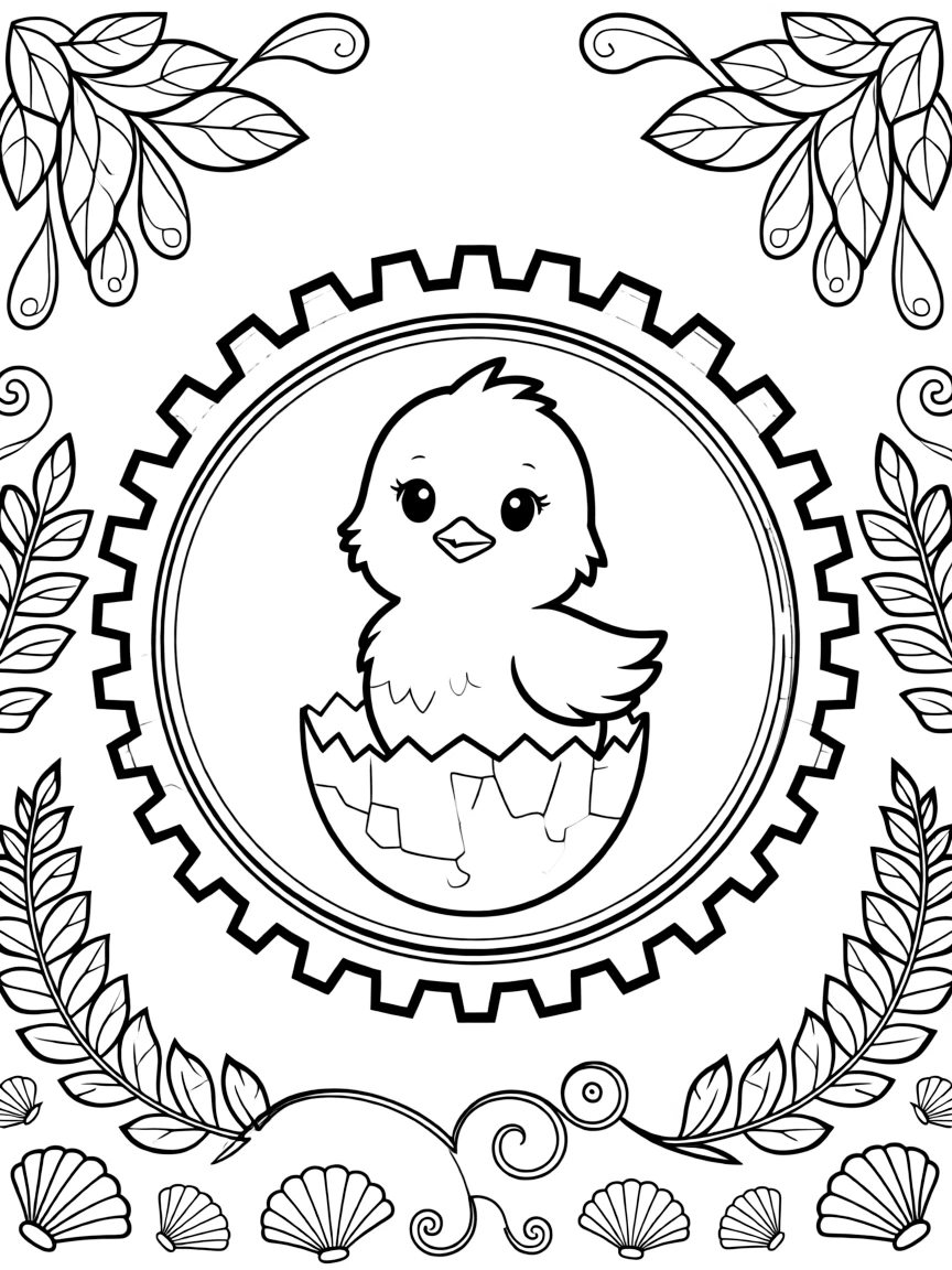 Farm Animals: The page presents a small themed scene built around a chick just hatched from a cracked egg, tied together by a gear-wheel mandala with even notches around the rim. The scene is placed in the center of a small symmetrical scene, with matching background details balanced evenly on both sides. Decorative details fill the surrounding space, including layered leaf clusters, curling paisley teardrops, and curling fern-frond shapes woven throughout the background. A playful extra touch completes the page: a cluster of small seashells scattered along the bottom border.