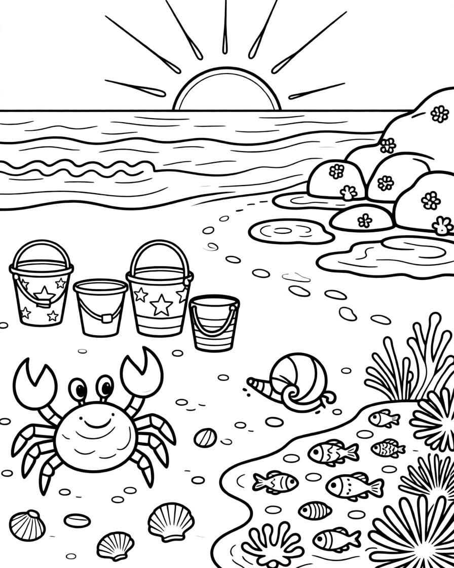 [Sandy Beaches] A friendly crab scuttles sideways across the sand, dodging a row of colorful beach buckets. A hermit crab explores a cluster of tide pools filled with tiny fish and colorful anemones. Rolling waves crash near a cluster of smooth rocks dotted with barnacles and tide pools. Soft morning light glows over the calm sea as the first footprints appear in the sand.