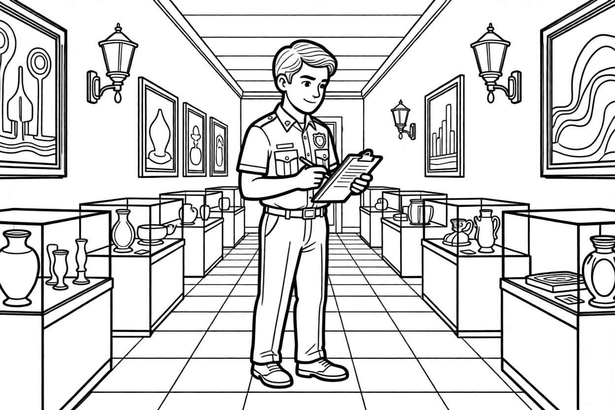 A security guard checks a clipboard while patrolling a museum hallway at night.