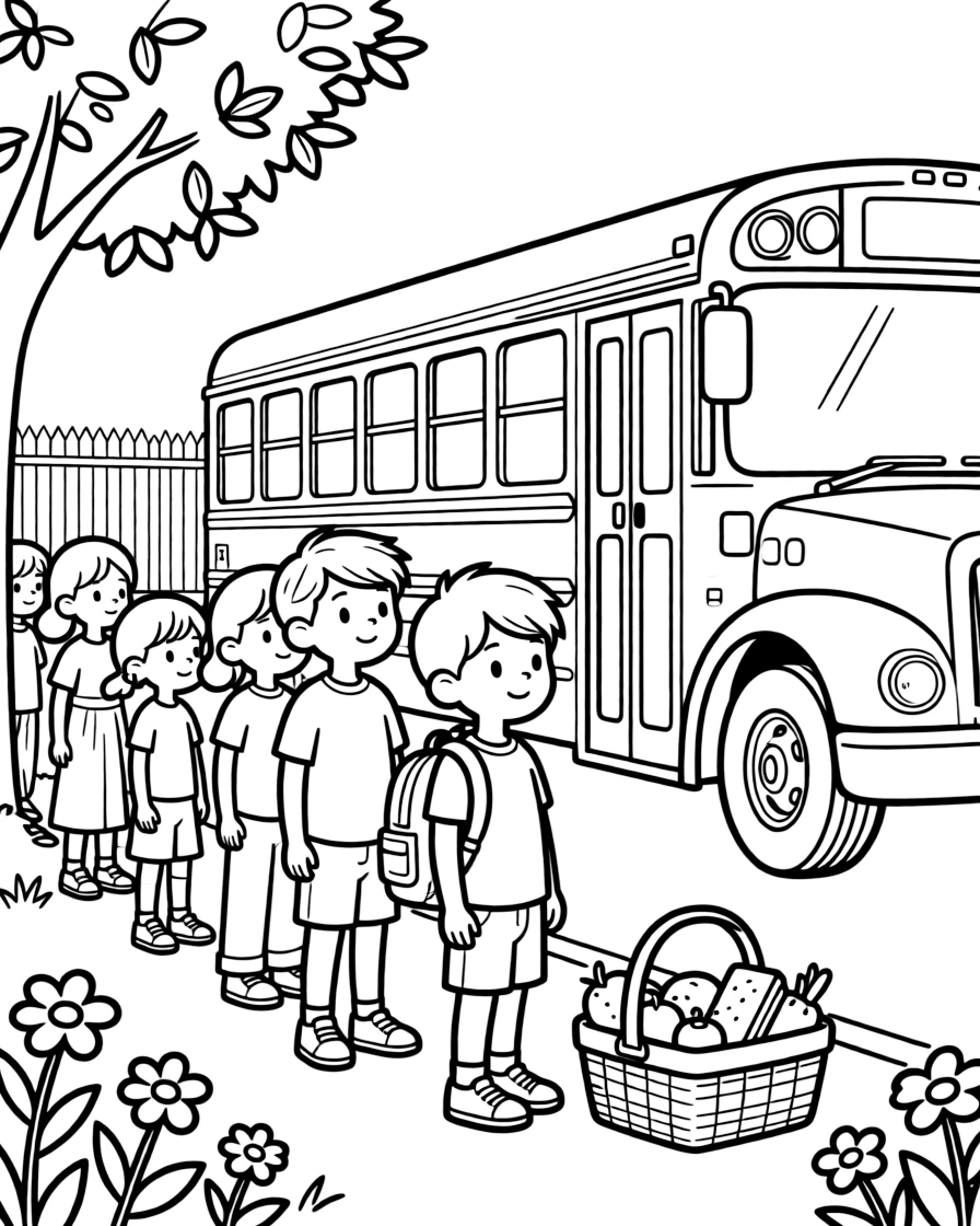A little brother lining up for recess at a school bus with a picnic basket nearby.