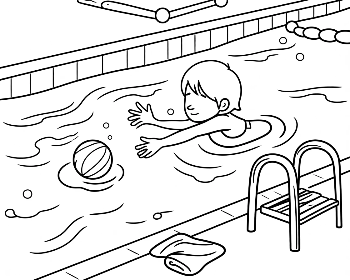 A shy new student, swimming hard to chase down a loose ball floating near the pool's edge.