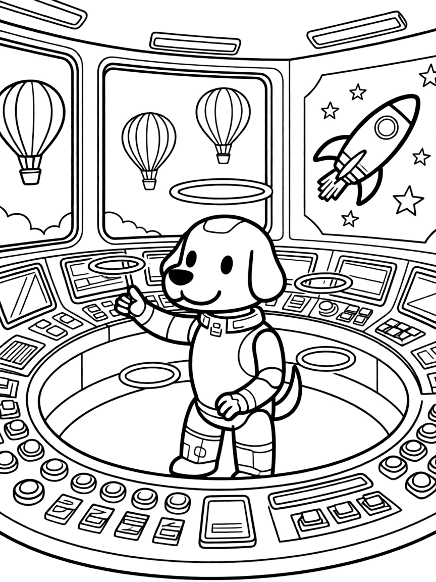 Servo, a robot dog practicing a magic trick with holographic light rings, in a spaceship's bright control room full of blinking buttons and screens, with colorful hot-air balloons drifting overhead and a mural of a rocket ship painted on a nearby wall nearby.