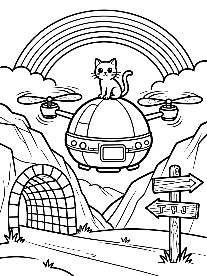 A coloring page featuring a round robot delivery drone with spinning propellers, traveling through a tunnel cutting through a rocky mountainside, with a curious cat perched on the hood and an old wooden signpost pointing to faraway towns and a rainbow arching across the sky filling the scene.
