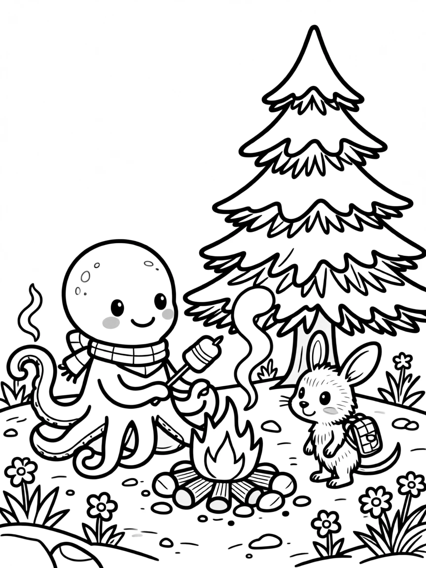 A friendly octopus roasting marshmallows by a campfire with a bilby at the edge of a sandy desert, near a snow-covered pine tree.