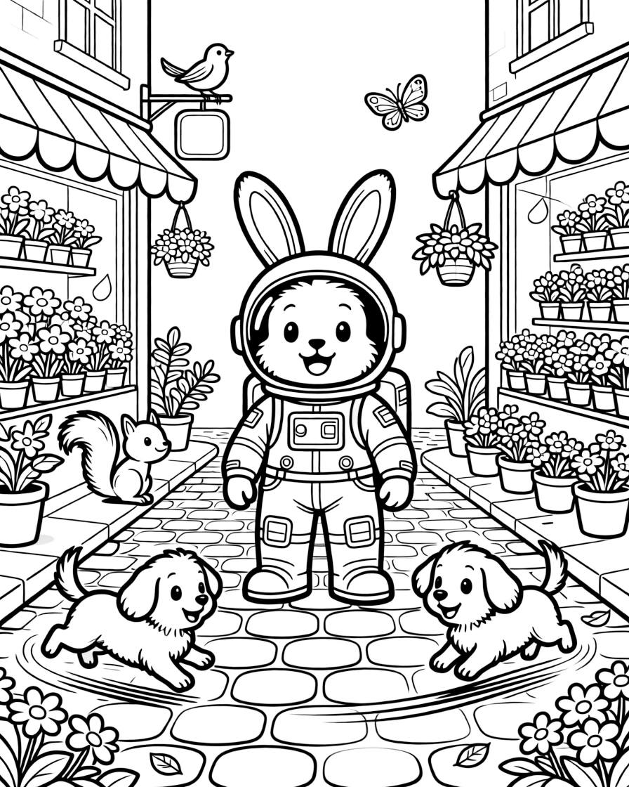 A bright-eyed astronaut bunny takes a break from adventures to try hosting a costume party in the backyard on a cobblestone street lined with flower shops, with three bouncing puppies chasing their tails close behind. Every creature nearby wants to join in the fun.