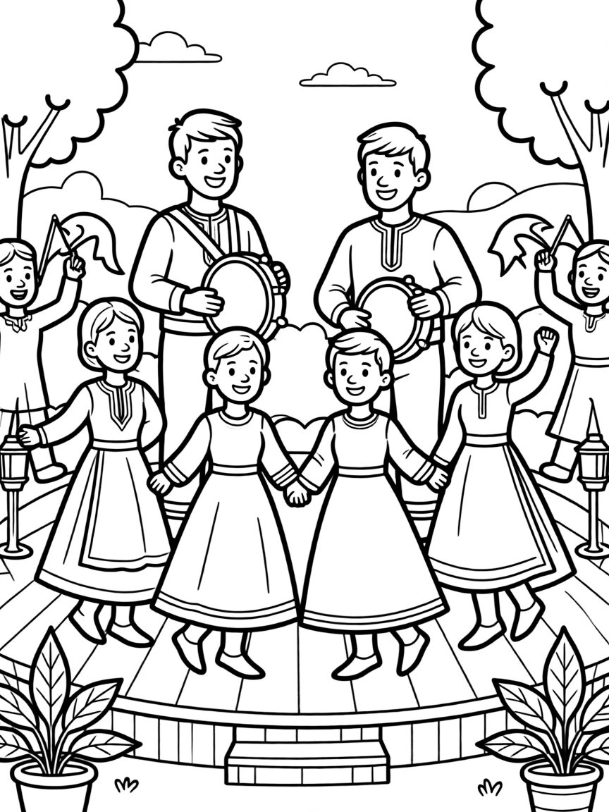 A coloring page capturing musicians playing tambourines and dancing the hora in a circle from Israel, set on an outdoor stage with cheerful onlookers waving and swaying along.