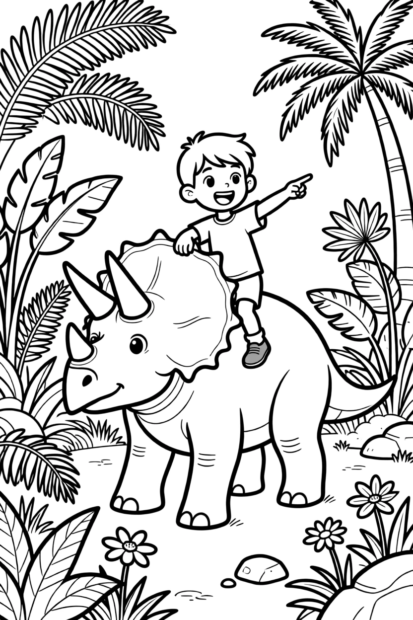 a mischievous young boy rides on the back of a gentle triceratops through a prehistoric jungle.