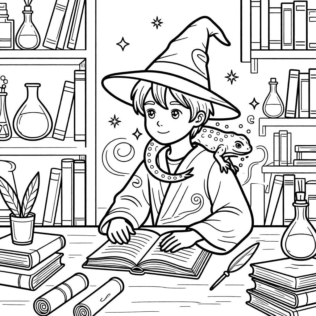 A young wizard's pet salamander grows warm to the touch and glows softly, curling up on his shoulder during late-night studying.
