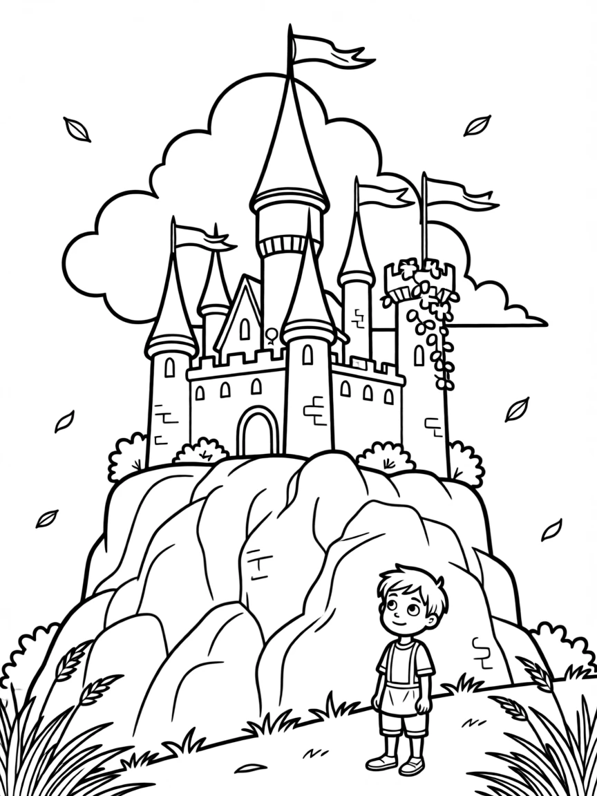 [Castles] a grand medieval castle standing proudly against the sky atop a rocky cliff, wide-eyed with wonder, while clouds drift behind the tallest spire fills the surrounding area. Ivy climbs partway up one tower. Set in the late afternoon, with a light breeze blowing, the page bursts with adventure and imagination.