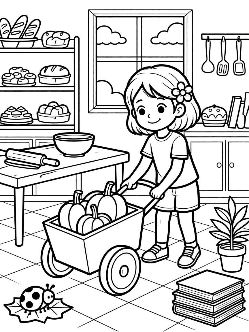 A girl surfer with a flower tucked behind her ear is filling a wagon with freshly picked pumpkins inside a cheerful bakery kitchen. a curious ladybug resting on a leaf and a stack of well-loved picture books nearby make the setting feel extra special.