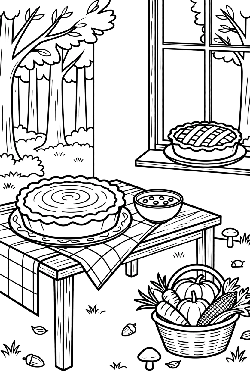 A close-up of a table set with pumpkin pie and cranberry sauce in a forest clearing where the trees are turning gold, surrounded by a warm apple pie cooling on a windowsill and a cornucopia spilling over with vegetables.