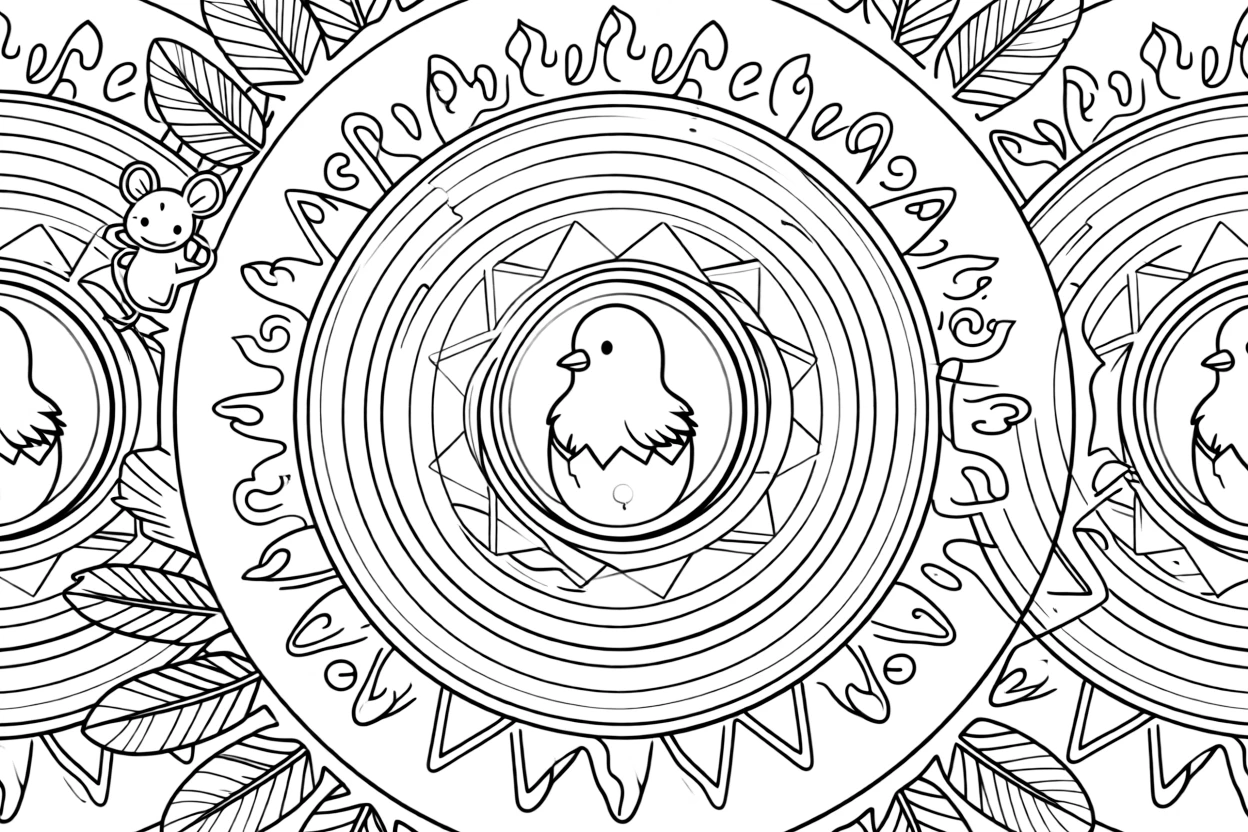 Farm Animals: The design turns a chick just hatched from a cracked egg into a kaleidoscope-style composition anchored by a set of perfectly matched concentric rings. The imagery is split into four mirrored quadrants that meet at the center, each quadrant a rotated echo of the next. Decorative details fill the surrounding space, including flame-shaped tips curling upward, nested triangle shapes, and fanned feather plumes woven throughout the background. A playful extra touch completes the page: a curious little mouse peeking out from behind one of the shapes.