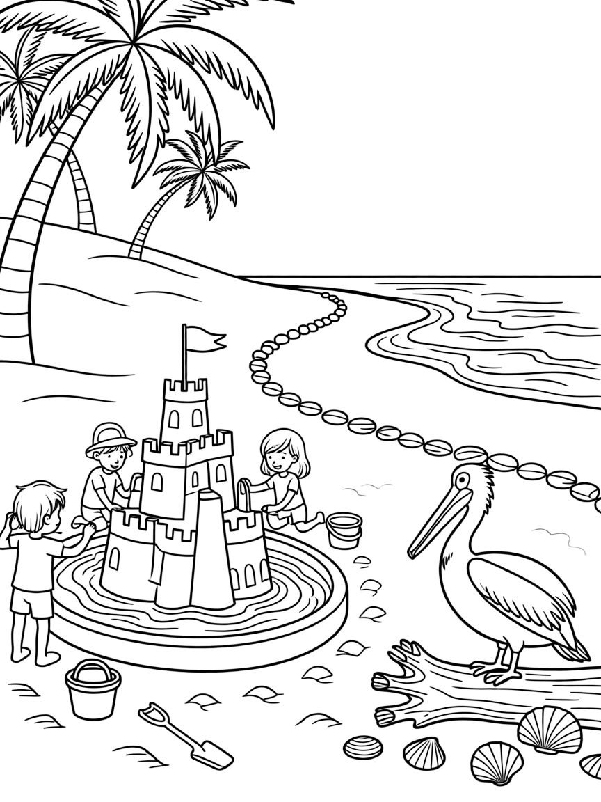 [Sandy Beaches] A group of children build an elaborate sandcastle complete with towers, a moat, and a seashell flag. A pelican perches on a weathered piece of driftwood near a cluster of seashells. Palm trees lean over the dunes near a winding path of scattered seashells. Golden sunset light glows across the sand as the tide slowly rolls in.