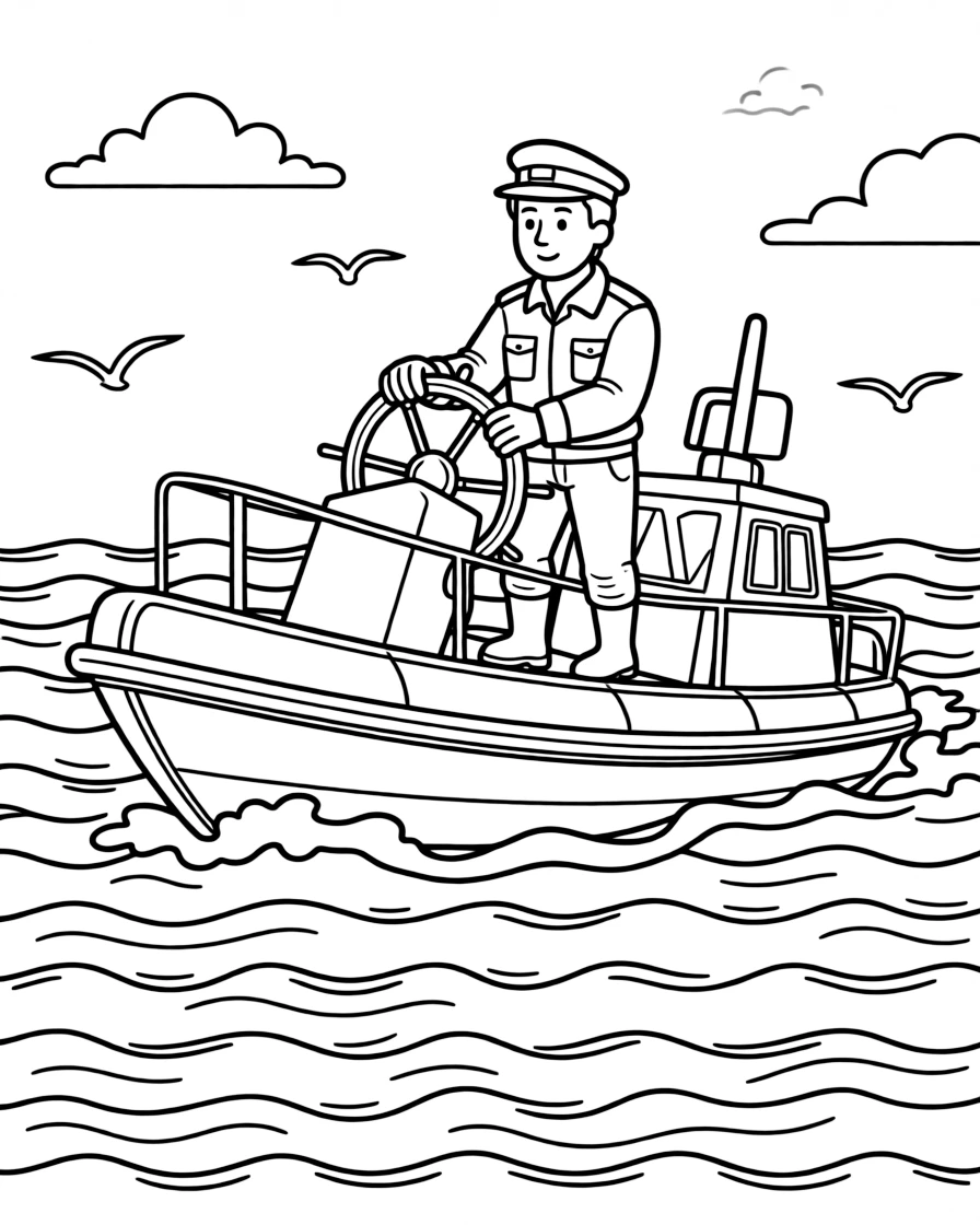 A coast guard officer steers a rescue boat through choppy ocean waves.