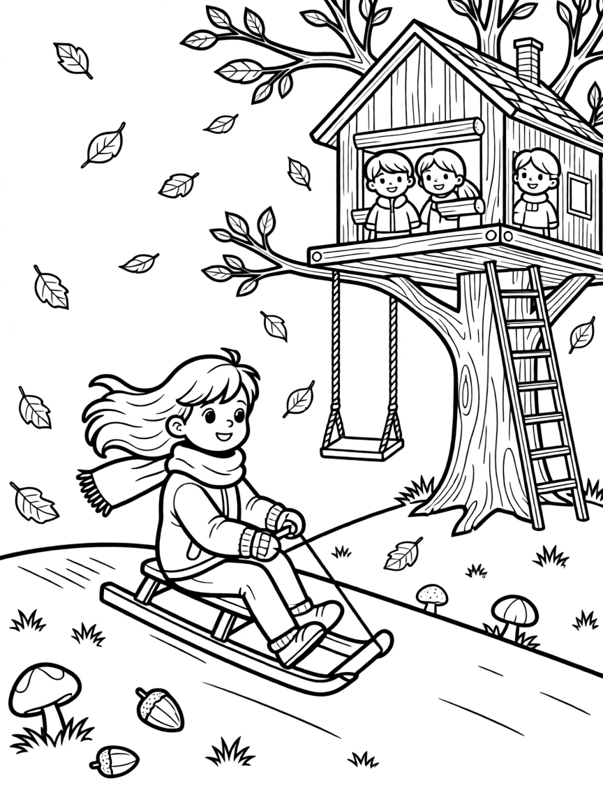 A dreamy-eyed girl sledding down a hill with three friends in a treehouse as fallen leaves swirl in the breeze.