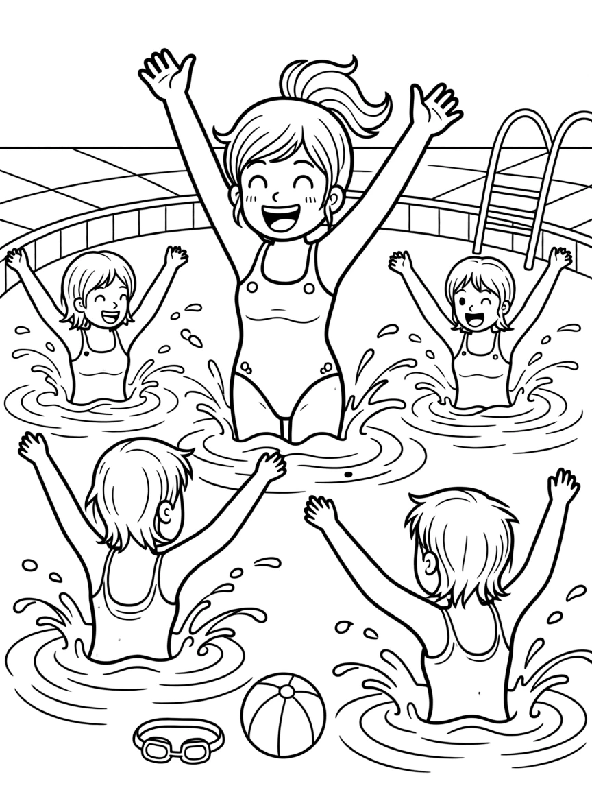 An energetic girl with a big smile, celebrating a goal with teammates splashing water together in the pool.