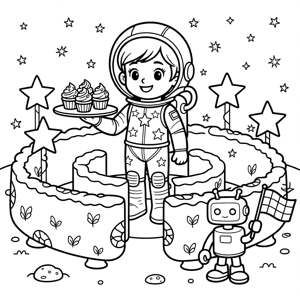 Star Scout Cinder, a young space explorer in a starry spacesuit delivering birthday cupcakes to a colony on the far side of the moon, in a maze of glowing hedges in a robotic topiary garden, with a row of streetlights shaped like glowing stars and a friendly robot waving a checkered flag nearby.