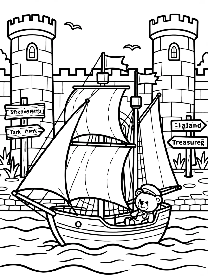 This page centers on an old sailing clipper ship racing across the waves exploring an old stone castle courtyard with tall towers, featuring a teddy bear buckled safely into the passenger seat and little extras like an old wooden signpost pointing to faraway towns and road signs pointing toward fun destinations.