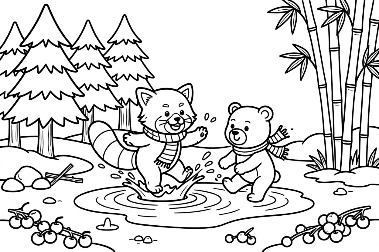 A red panda splashing happily in a puddle with a bear cub in a snowy pine forest, near a tall bamboo grove, with ripe berries scattered on the ground.
