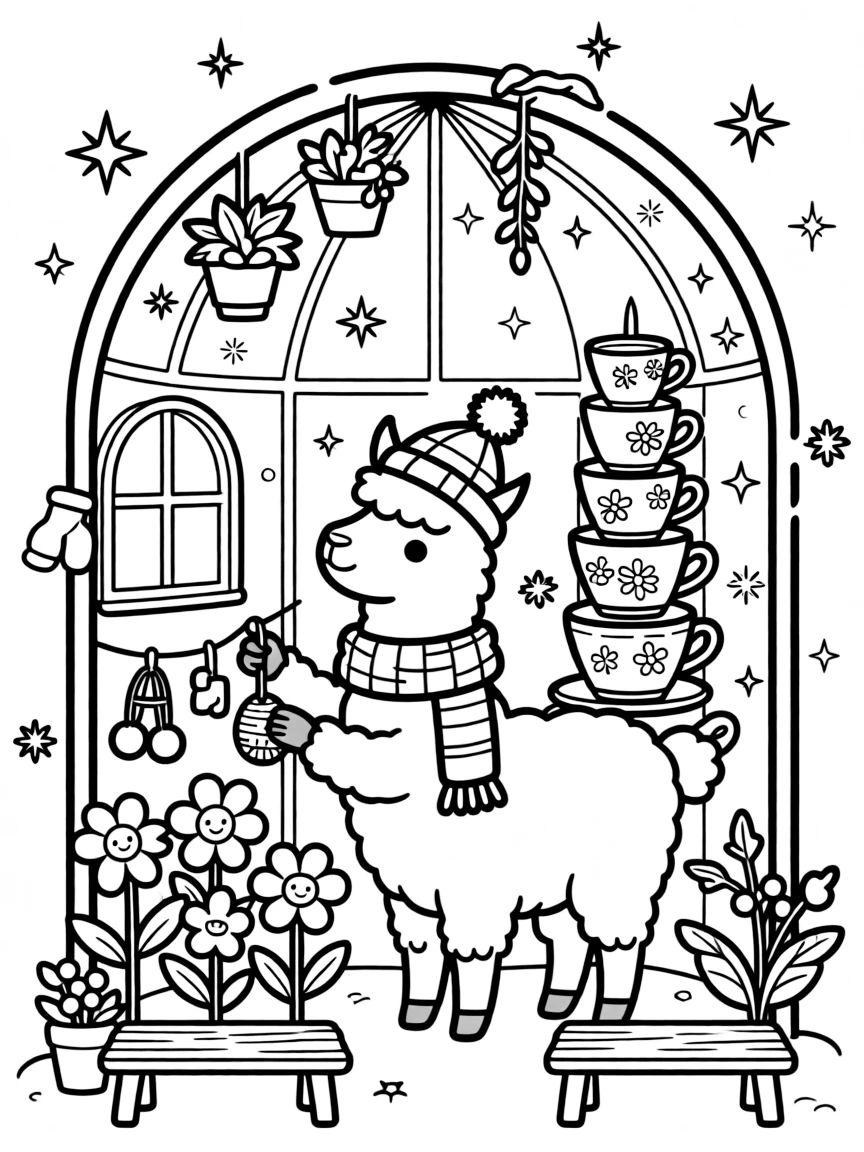 A round llama fashionista takes a break from adventures to try decorating the town square for a winter celebration in a greenhouse filled with singing flowers, with a wobbly tower of stacked teacups close behind. Sparkles and stars fill the air with magic.