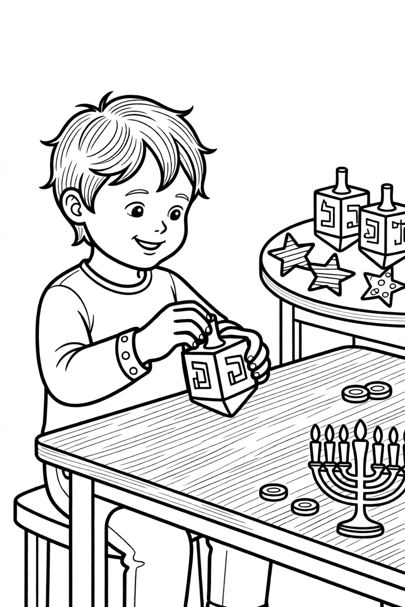 A coloring page showing a creative craft moment in Israel: a child spinning a wooden dreidel top on a table, with finished pieces displayed proudly on a nearby table.