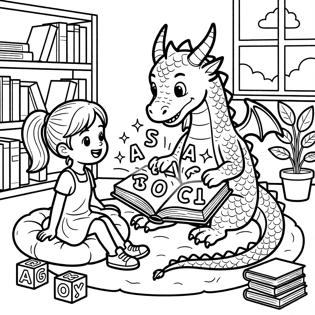 an excited young girl watches a friendly dragon slowly sound out letters from a giant glowing storybook.