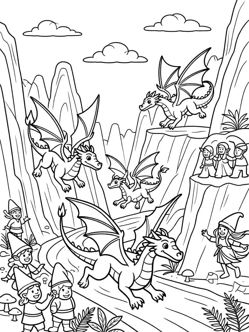 A dragon race across a canyon has colorful competitors weaving between rock spires, cheered on by crowds of gnomes and elves.