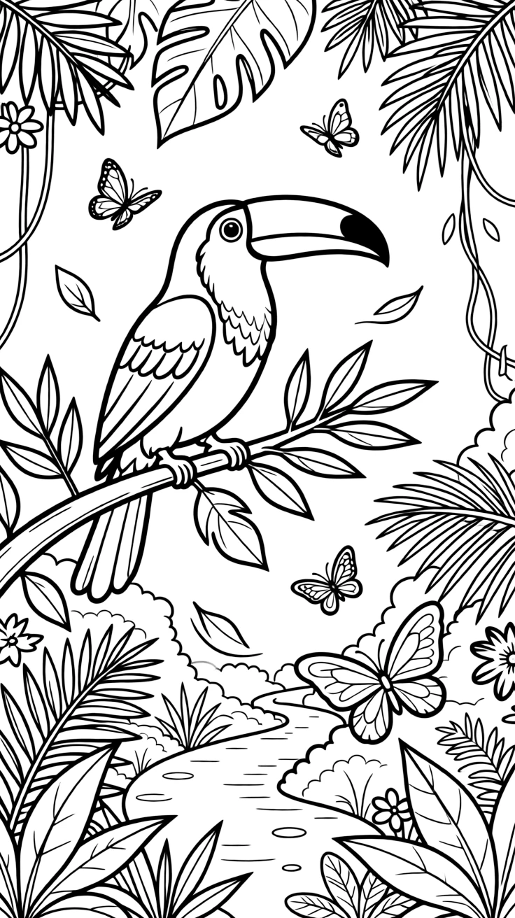 [Jungles] a colorful toucan perching on a leafy branch along a hidden jungle path, letting out a triumphant roar. Nearby, butterflies flutter through dappled sunlight. Sunlight filters through the thick canopy. The scene is captured on a crisp autumn afternoon, with a light breeze blowing, giving the page a lively and adventurous feel that invites plenty of colorful detail.