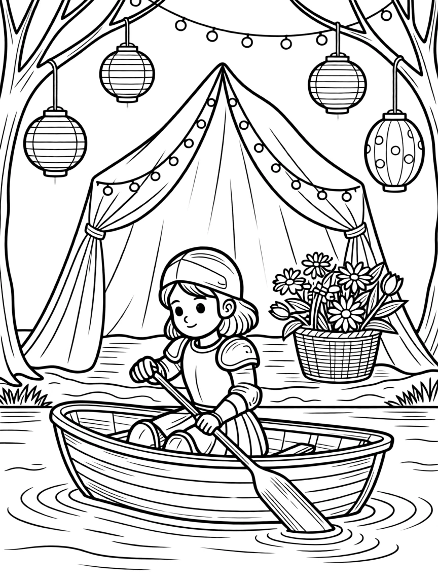 A girl knight in shining armor is rowing a little wooden boat across calm water inside a blanket fort glowing with fairy lights. Scattered nearby, a basket brimming with fresh flowers and paper lanterns hanging from low branches fill the page with charm.
