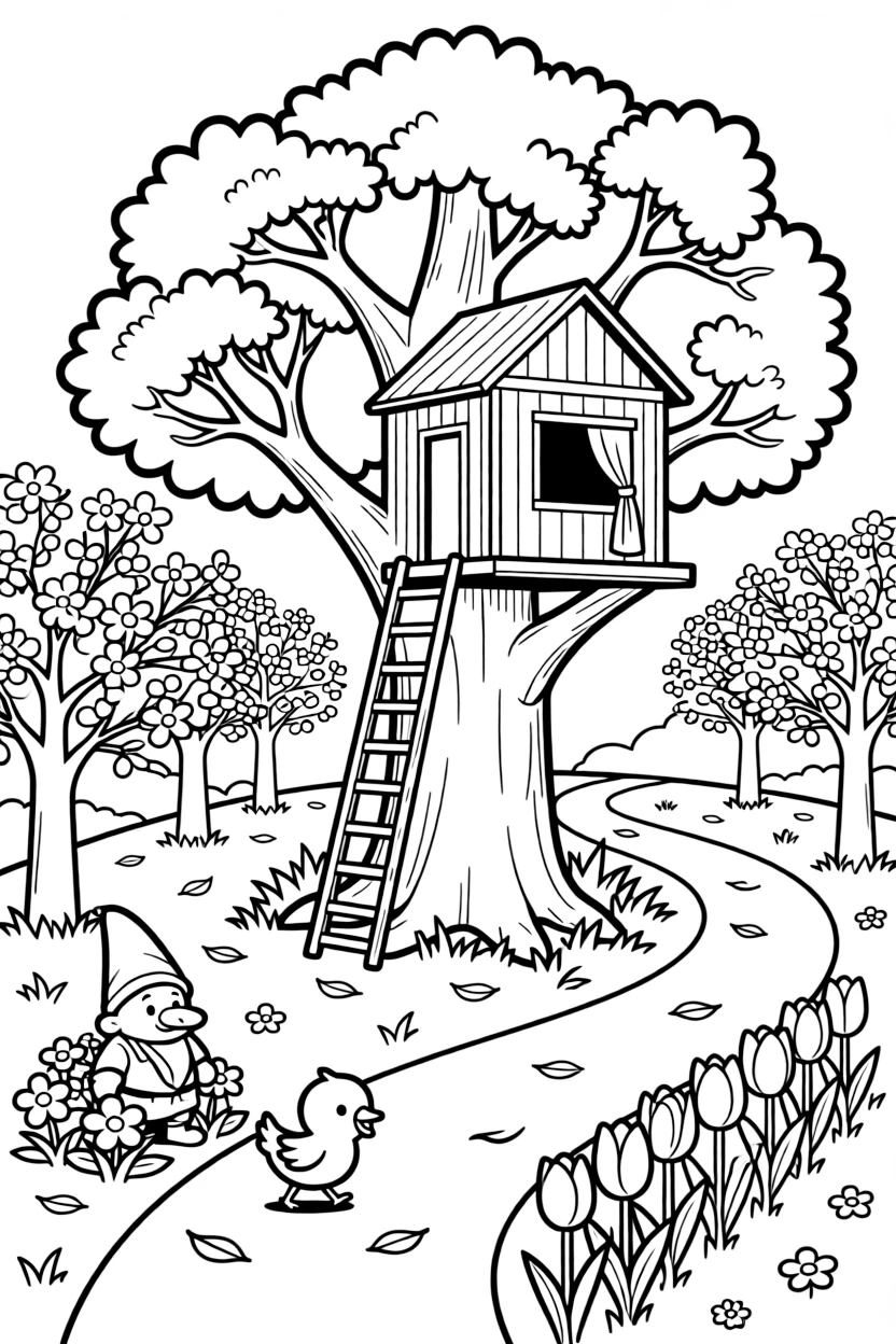 A treehouse being built in a big oak along a path lined with blossoming cherry trees, with a tiny chick playing close by amid a garden gnome peeking from the flowers and a row of colorful tulips.