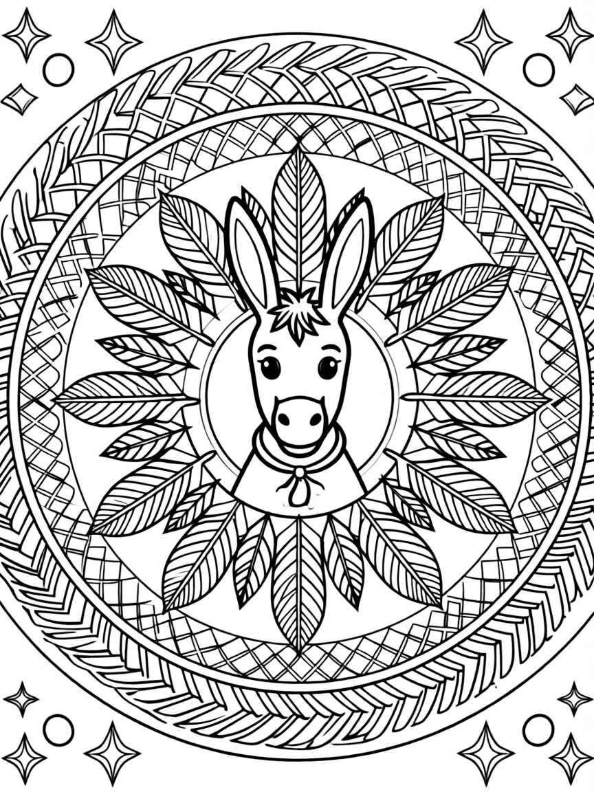 Farm Animals: The main subject is a donkey with long upright ears, drawn as the focal point of a feather-ring mandala with plumes fanning outward. It is placed at the very center of the page, with the surrounding rings growing larger and more detailed toward the outer edge. Decorative details fill the surrounding space, including rows of small square tiles, a grid of lattice diamonds, and clusters of round bubbles woven throughout the background. A playful extra touch completes the page: a few sparkling gem shapes dotted along the outer border.