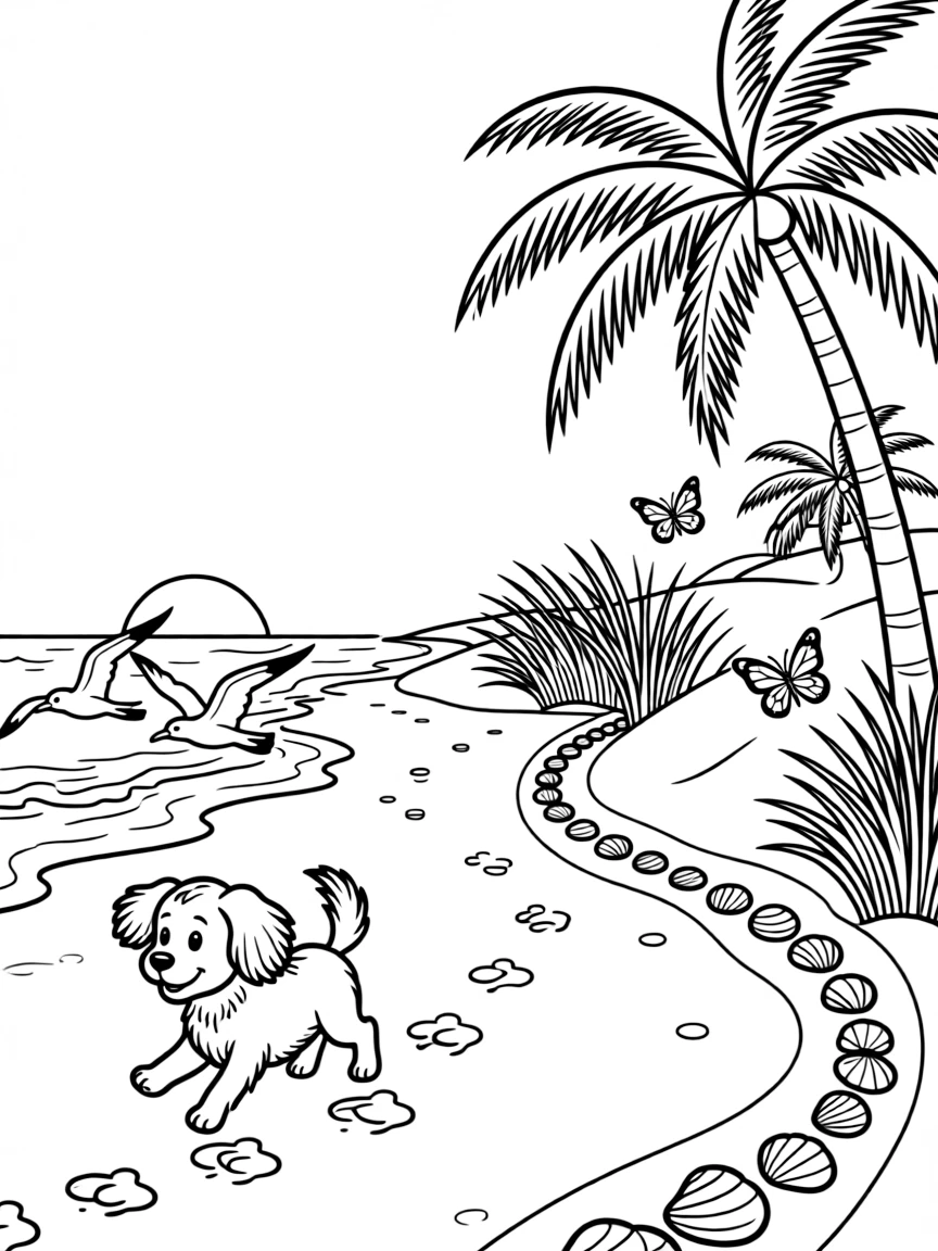 [Sandy Beaches] A little dog chases seagulls along the shore, leaving a trail of paw prints in the wet sand. Butterflies drift over beach grass growing along the edge of the dunes. Palm trees lean over the dunes near a winding path of scattered seashells. Golden sunset light glows across the sand as the tide slowly rolls in.